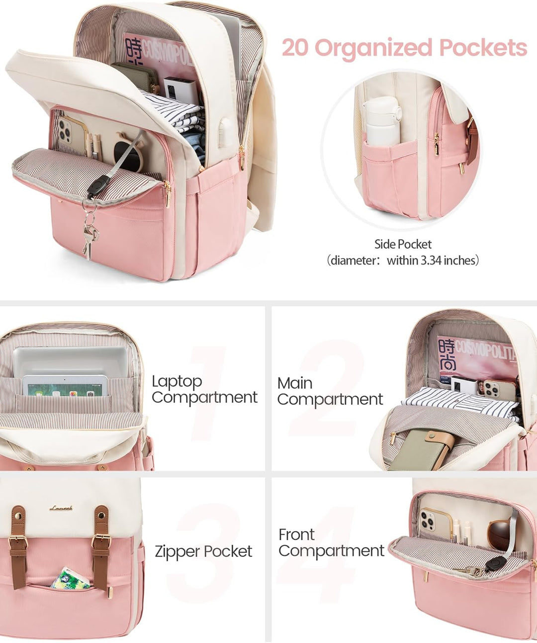 LOVEVOOK Rucksack Damen Rosa, Laptop Schulrucksack 15,6 Zoll, Wasserdichter Tagesrucksack, Schultasc