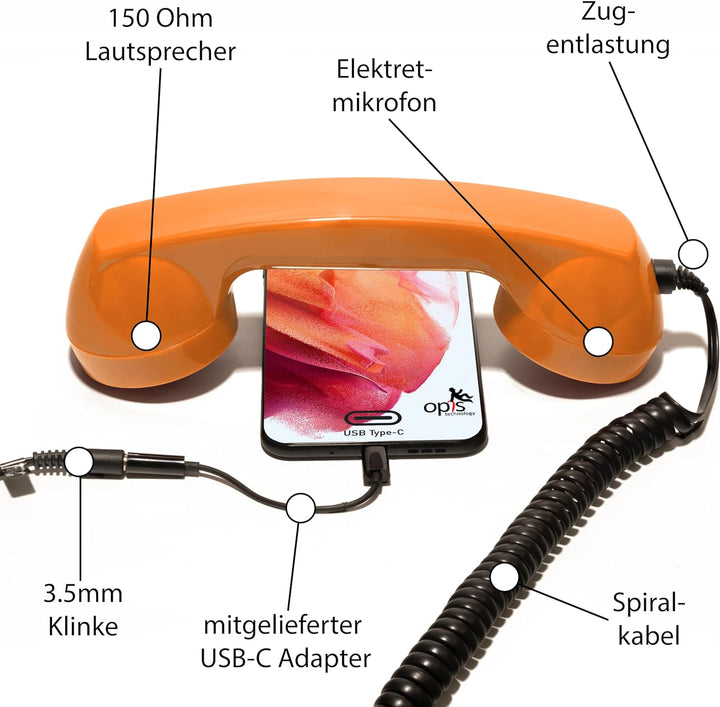 Opis 60s Micro - Retro Handyhörer für Android Smartphones, Tablets, Notebooks und Handys in der Form