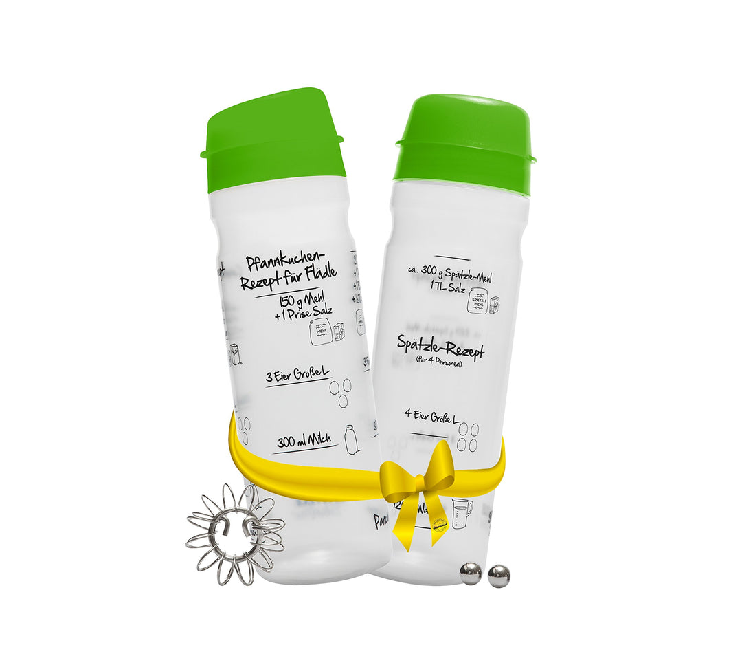 Spätzle-Shaker Shaker-Set (GRÜN) mit 875ml-Pfannkuchen-Shaker + 4-Portionen-Spätzle-Shaker Teigmixer