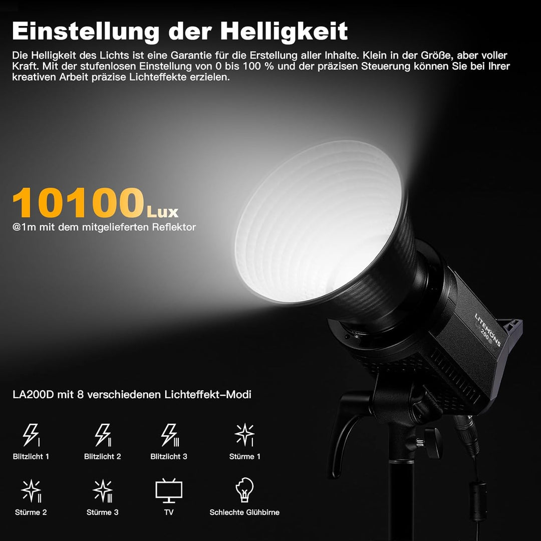 Godox LA200D 230W LED Tageslicht Videoleuchte,5600K CRI 96+ TLCI 97+,101000lux@1m Studiolicht Fotogr