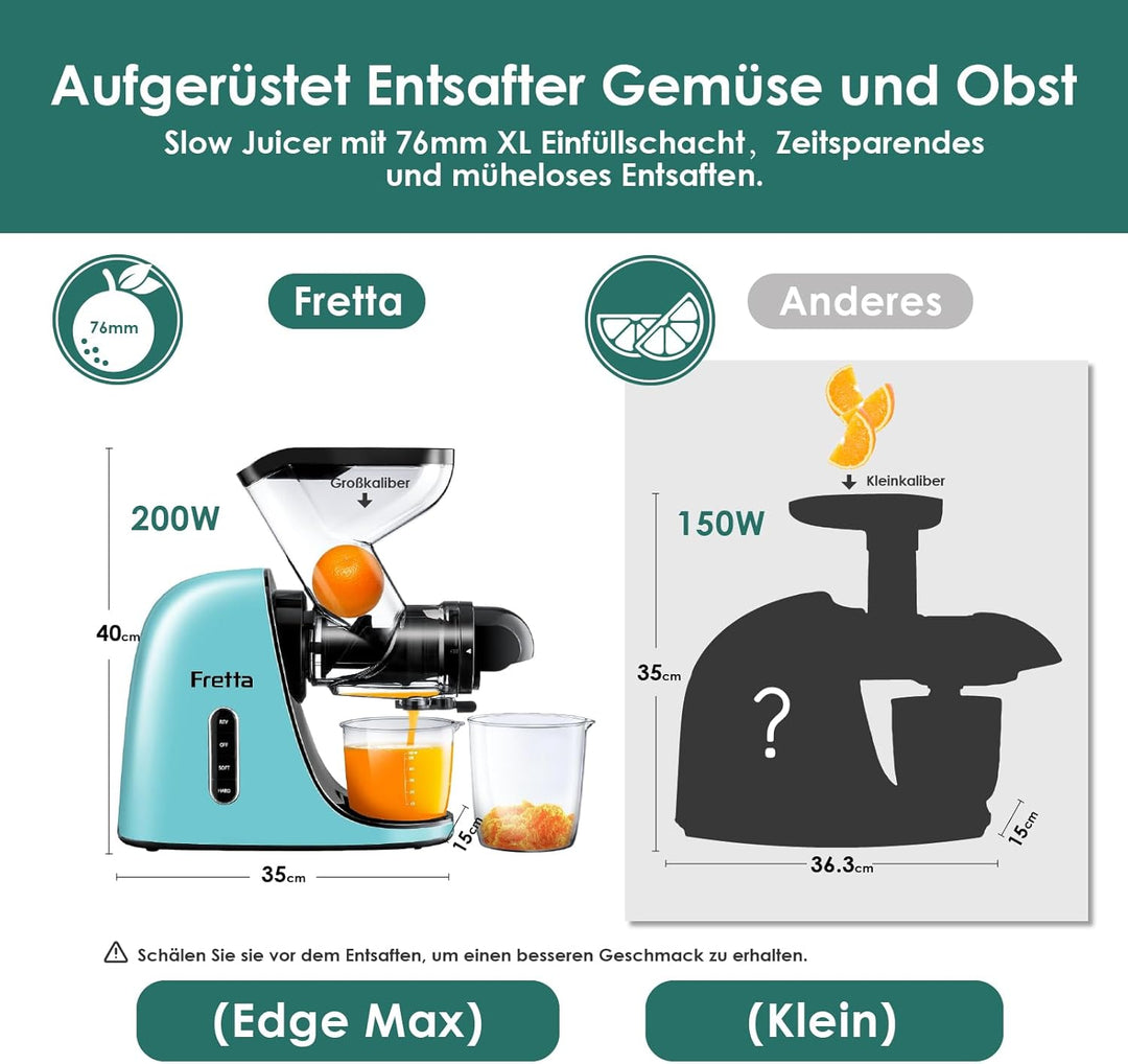 Fretta Slow Juicer Entsafter Gemüse und Obst Juicer Machine, 200W Kaltpresse Entsafter Obstpresse El