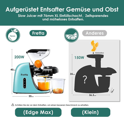Fretta Slow Juicer Entsafter Gemüse und Obst Juicer Machine, 200W Obstpresse Elektrisch Saftpresse J