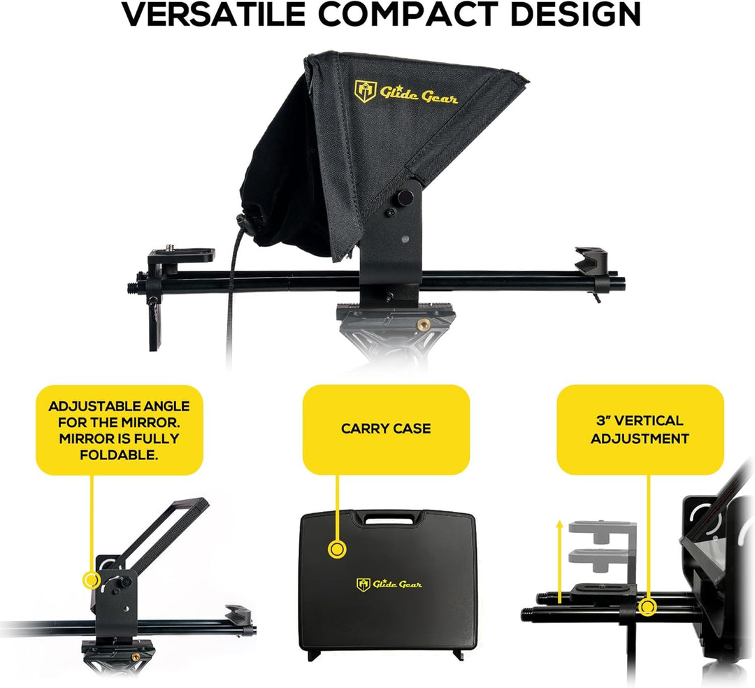 Glide Gear TMP 500 Universal-Videokamera-Stativ, Teleprompter, 15 mm Schienen, mit Tragetasche 15",