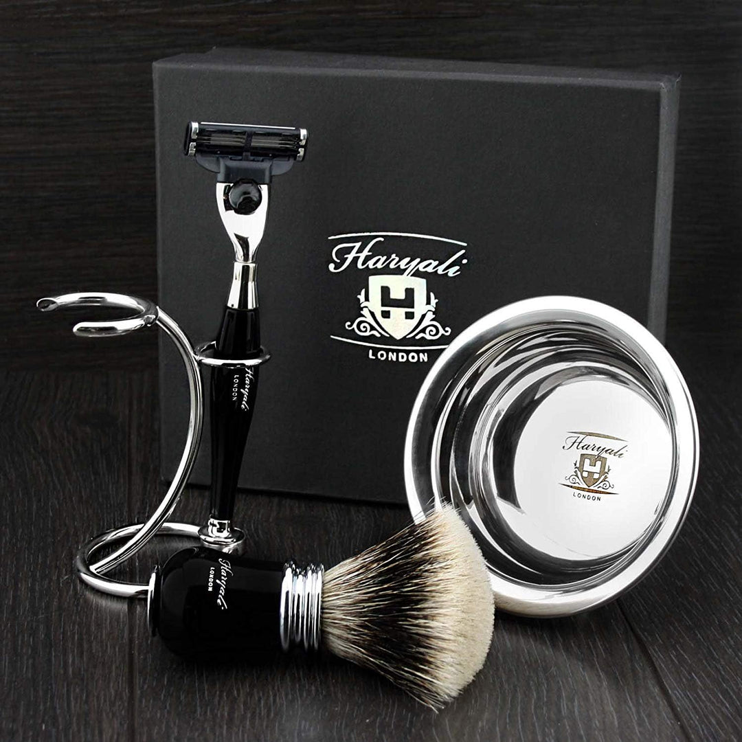 Haryali London Black Luxury Herren Rasierset 3 Edge Rasiermesser, Rasierpinsel, Rasierständer und Ra