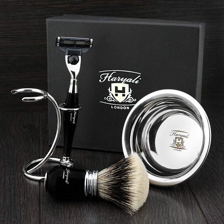 Haryali London Black Luxury Herren Rasierset 3 Edge Rasiermesser, Rasierpinsel, Rasierständer und Ra