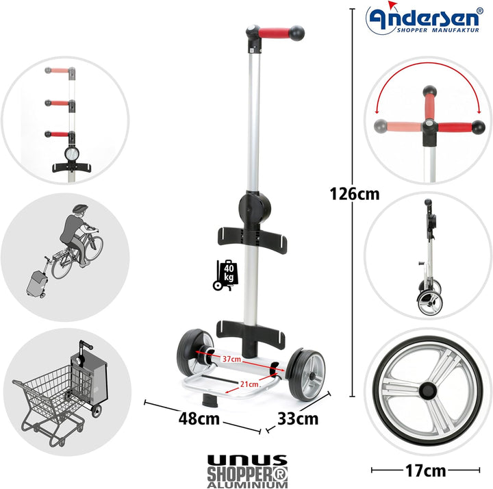 Andersen Shopper Unus Alu höhenverstellbar mit Kugellagerrad Ø 17 cm und 47 Liter Tasche Famke mit K