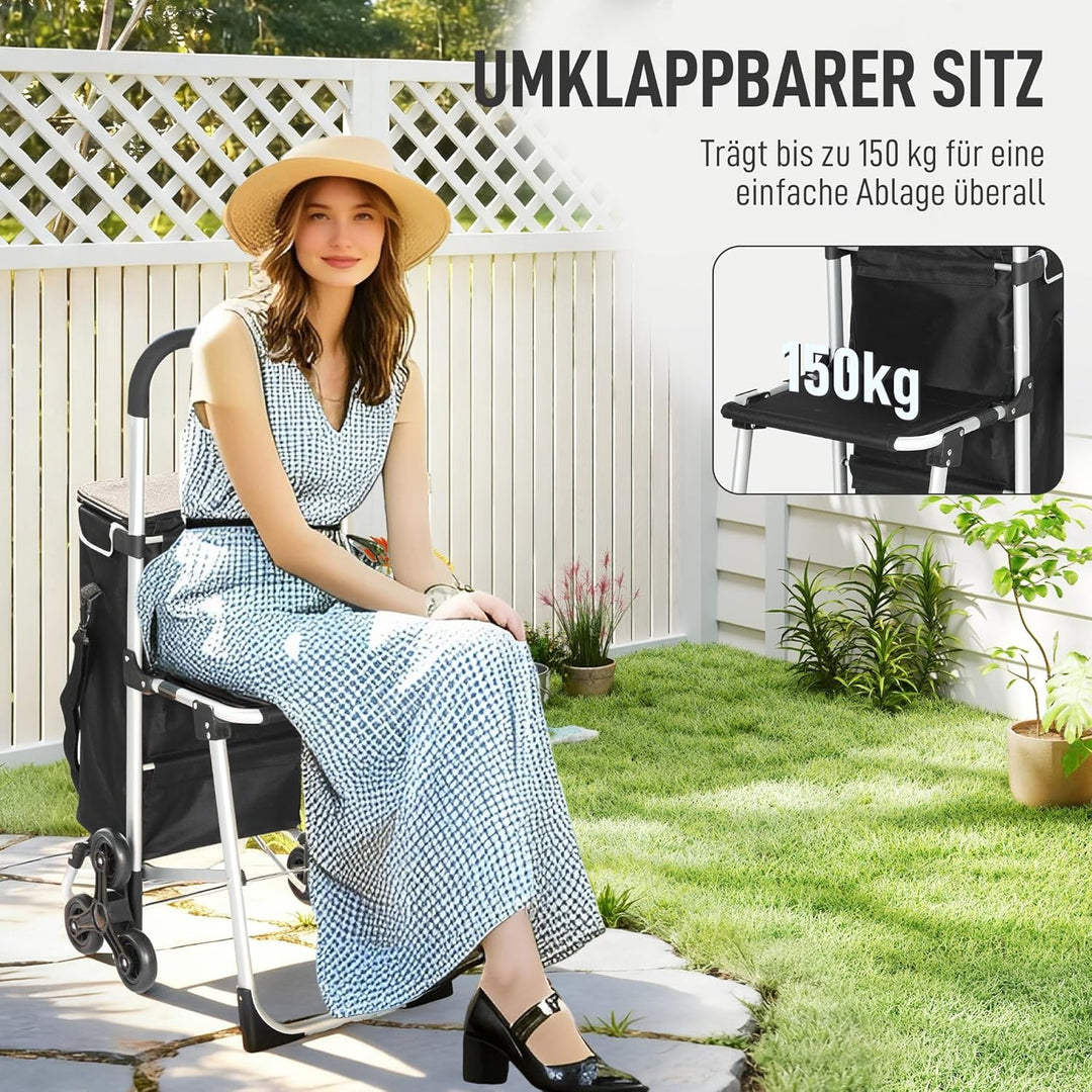 HOMCOM 3-in-1 Einkaufstrolley klappbar mit 40L Kapazität, klappbar Sitz, Trolley bis 25kg belastbar