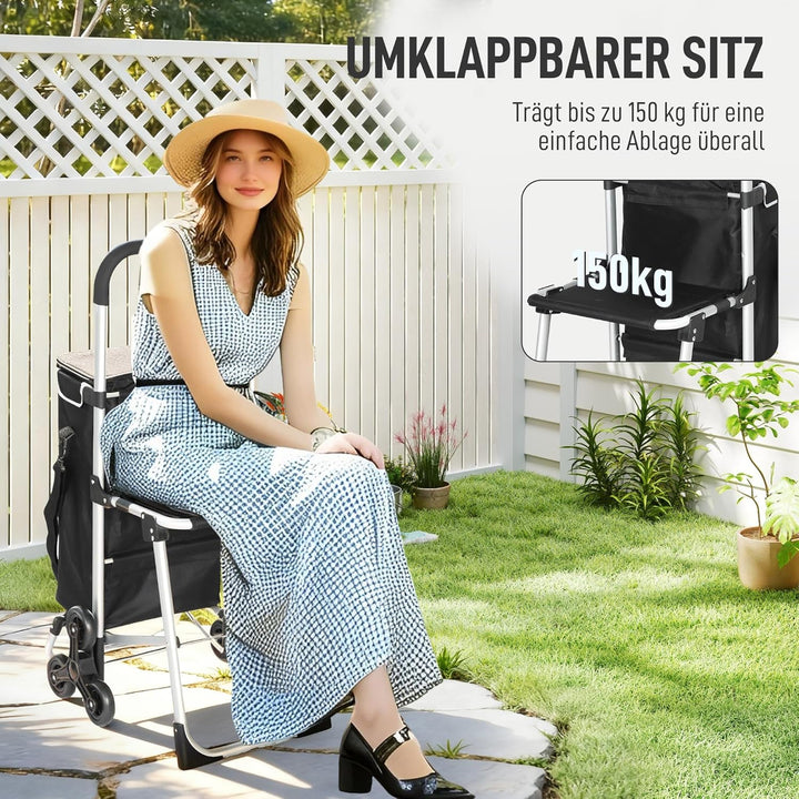 HOMCOM 3-in-1 Einkaufstrolley klappbar mit 40L Kapazität, klappbar Sitz, Trolley bis 25kg belastbar