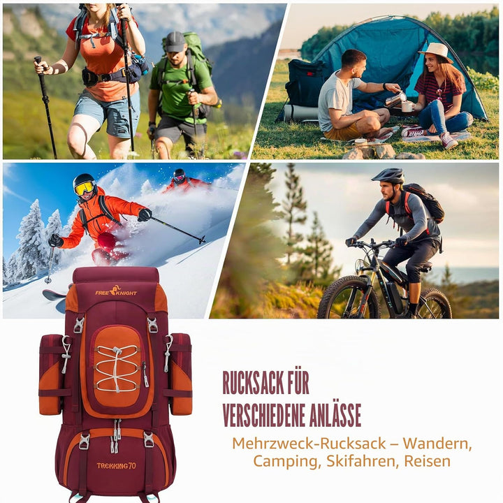 Bseash 70L (65+5) Wasserdichter Wanderrucksack mit Regenschutz, Outdoor-Sport, Reisen, Tagesrucksack