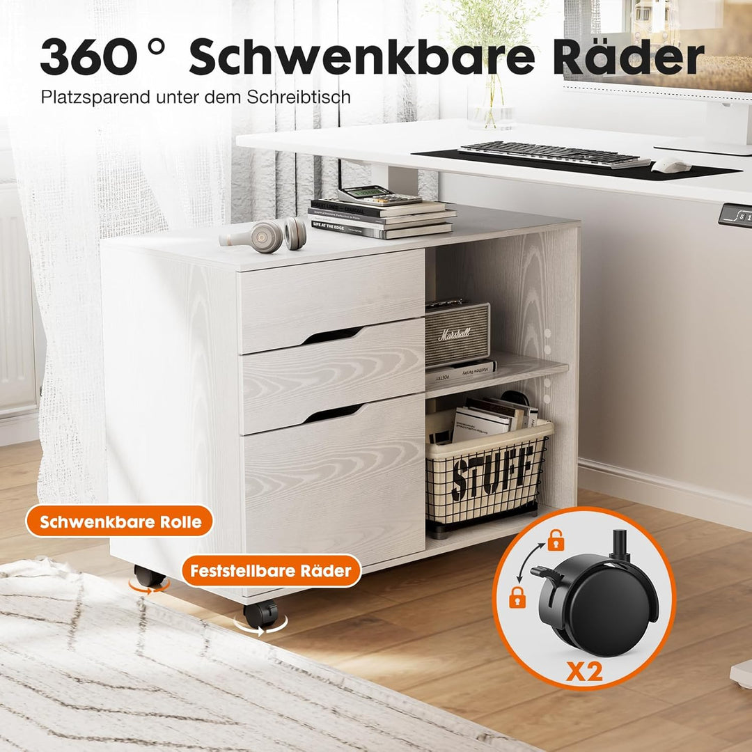 Sweetcrispy Rollcontainer mit 3 Schubladen,Aktenschrank und Druckerschrank mit Rollen,offene Ablage,