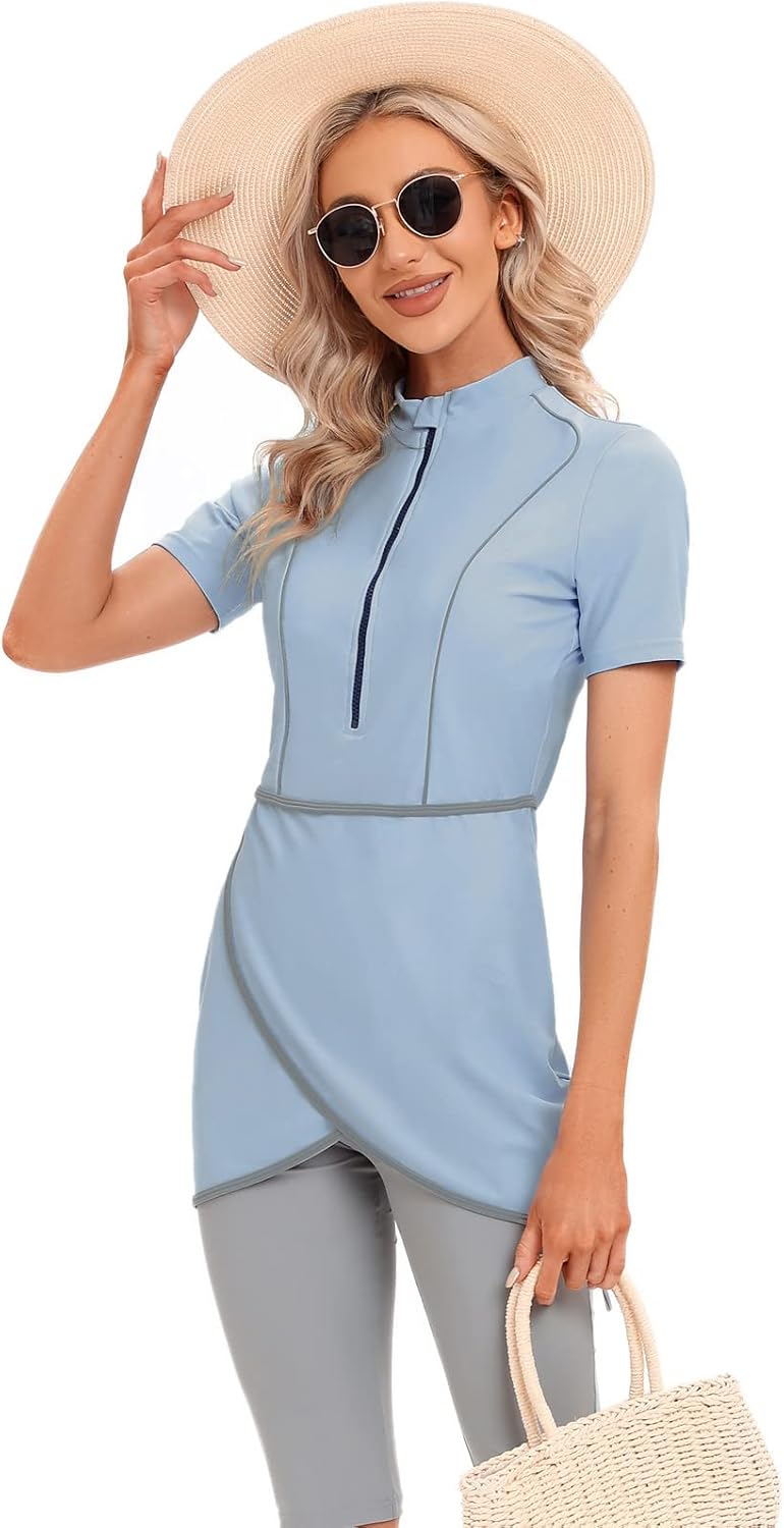 seafanny Frauen Muslimische Bademode Crop Short Burkini Modest Badeanzug mit Frontreissverschluss 38