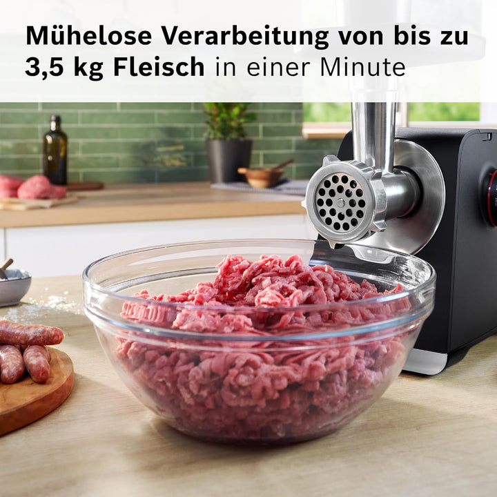 Bosch MultiPower Serie 6 Fleischwolf MFWS660B, 3 Lochscheiben (3, 4,5 und 8 mm), Edelstahl, spülmasc