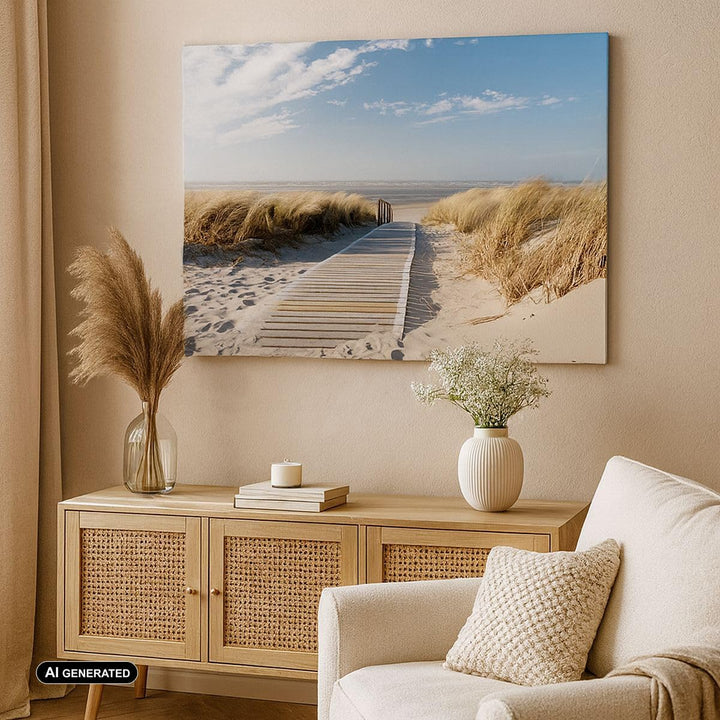 Bilder auf Leinwand 100x70cm Leinwandbild Strand Meer Fussgängerbrücke Ufer Gross Wanddeko Bild Schl