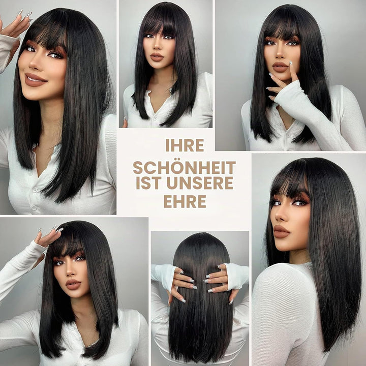 HAIRCUBE Schulterlang Gerade Kurze Perücken Schwarze Perücke Synthetische Perücken mit Pony Welle Ha