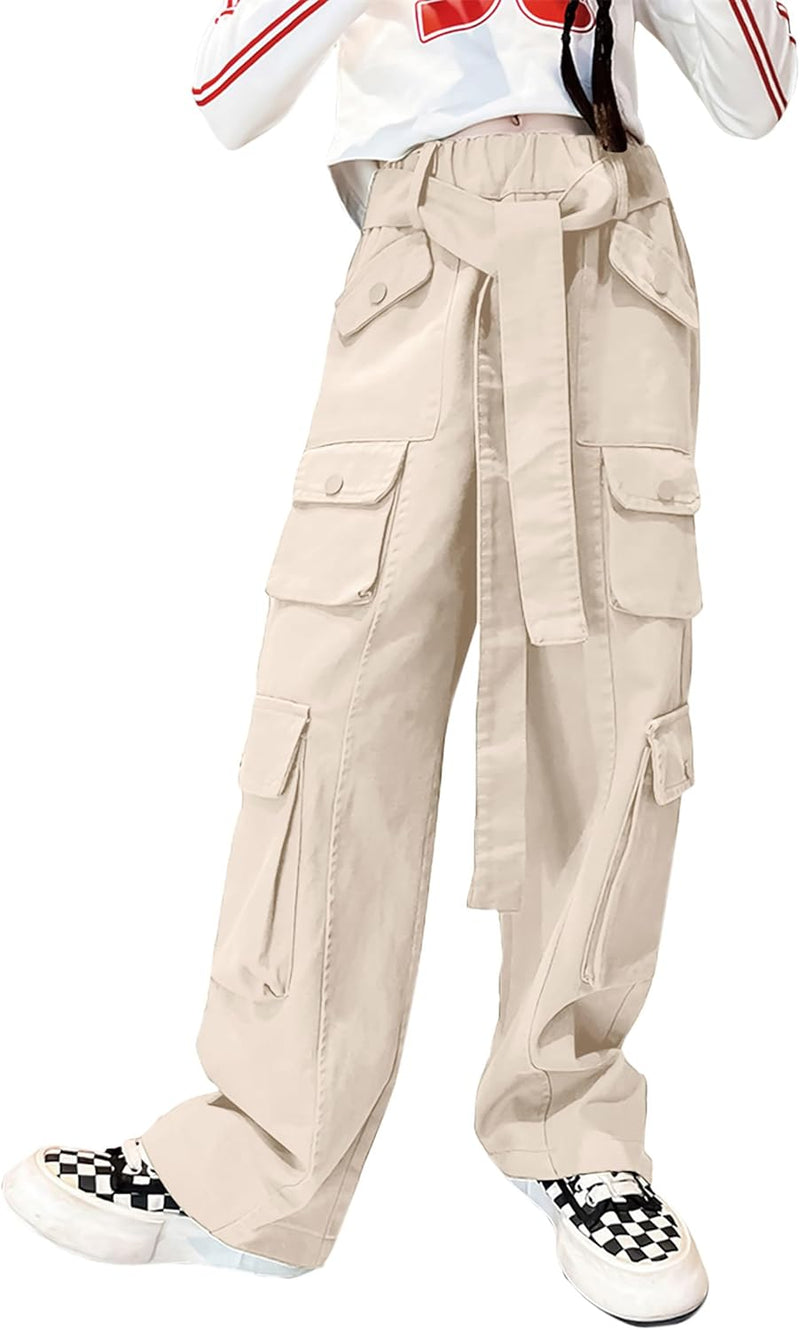 Rolanko Mädchen Baggy Cargo Hose, Elastisch Hohe Taille Gerade Weites Bein Streetwear Hose mit Mehre