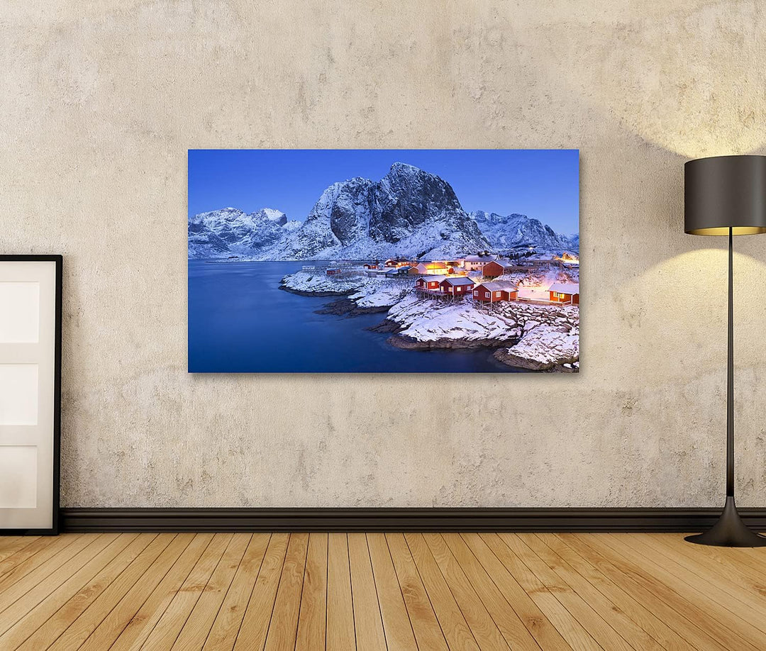 islandburner Bild auf Leinwand Norwegische Fischerhütten Lofoten Winter Bilder Wandbilder Poster Lei