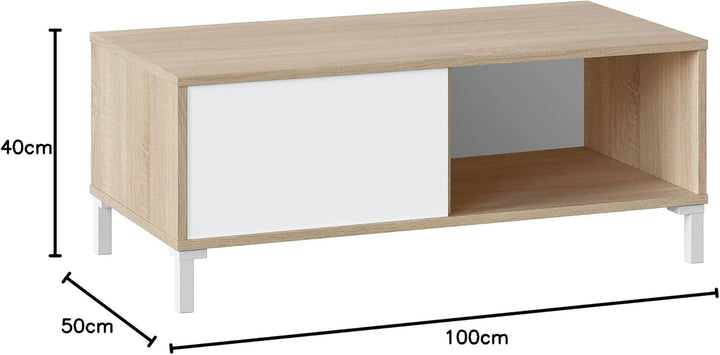Wohnzimmer-Couchtisch mit einer Schublade und einem Tagesfach, Farbe Weiss und Eiche, 100 x 40 x 50