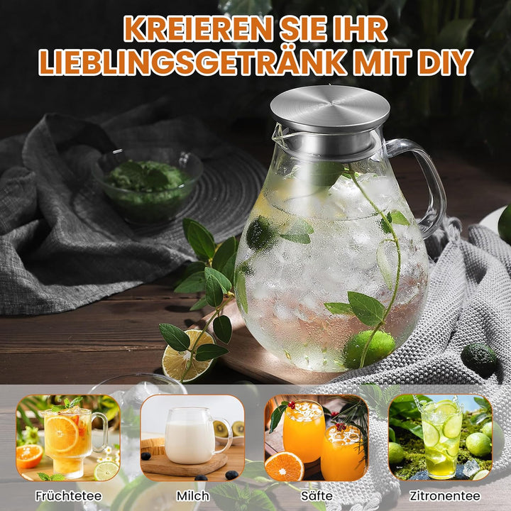 SUSTEAS 3.0 Liter 101 Unzen Wasserkaraffe, Glaskaraffe mit Deckel und Breitem Griff, Leicht zu Reini