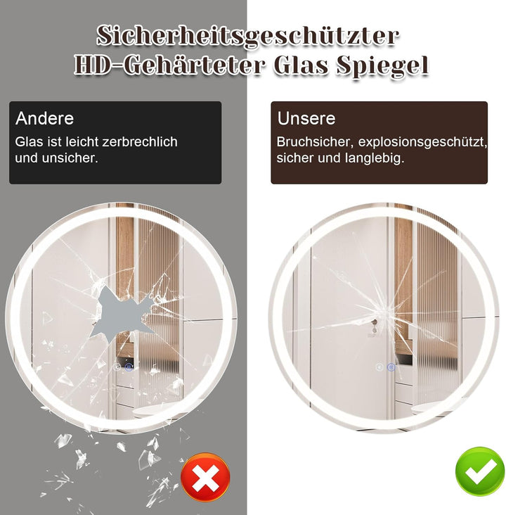 Spiegel Bad Badspiegel mit Beleuchtung - LED Badezimmerspiegel Rund 50cm Wandspiegel Badezimmer mit