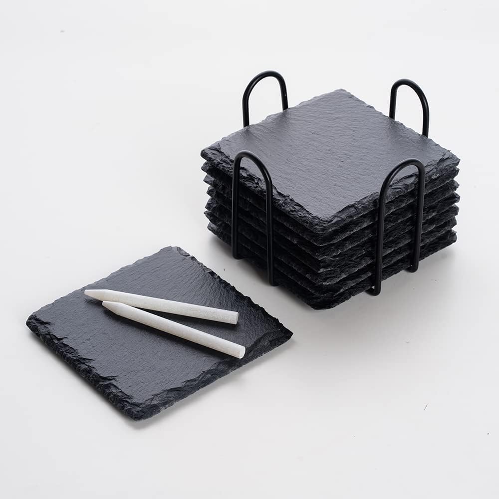 Schiefer Untersetzer für Gläser 8er Set, Untersetzer Schiefer Glasuntersetzer mit Halter, Tischunter