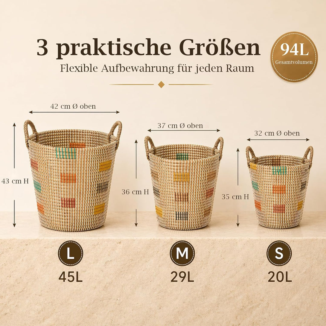 3er Set Aufbewahrungskorb Seegraskorb mit Griffen, Wäschekorb Geflochtener Korb, Handgeflochtener Sp