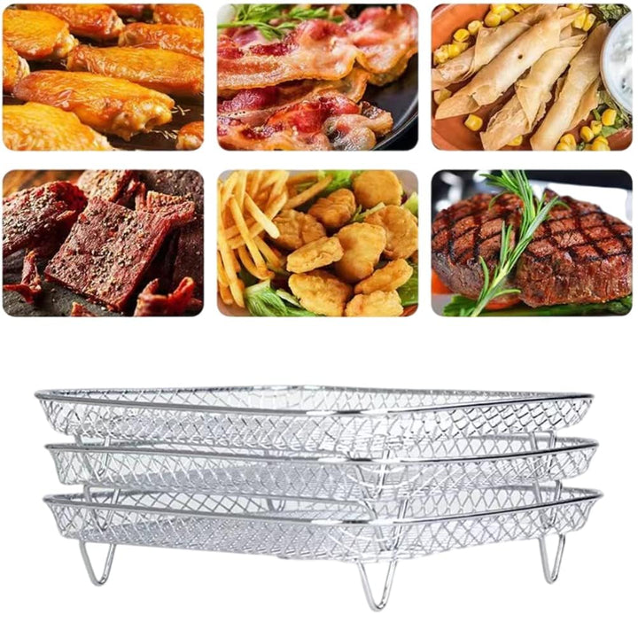 3PCS Air Fryer Rack, Stapelbares Edelstahl Heissluftfritteuse Grillrost Luftfritteuse-Gestell Quadra