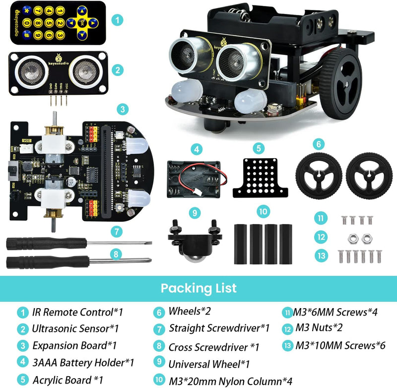 KEYESTUDIO BBC Microbit V2.2 Starter Kit, Micro bit Car Kit, Elektronisches STEM Programmier Kit, Ge