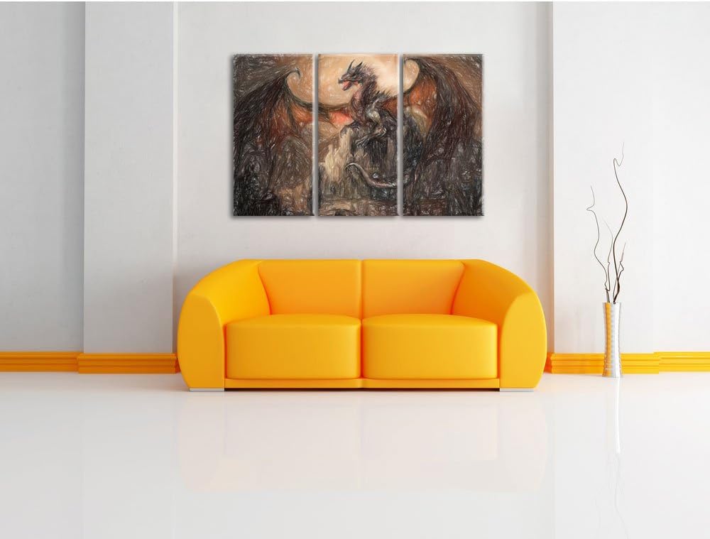 Pixxprint Drache schützend über Burg / 3-Teilig/Gesamtmass 120cm Leinwandbild bespannt auf Holzrahme