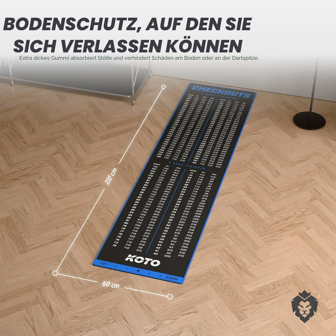 KOTO - Carpet Checkout Dartmatte, Schutz Bodens und Dartpfeile, Mit Score-Indikation + Oche 237x60cm