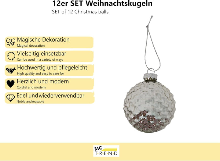 MC-Trend 12er Set edle Luxus Glas Weihnachtskugeln Ø 6cm Weihnachtsbaum Kugeln Christbaumkugeln Weih