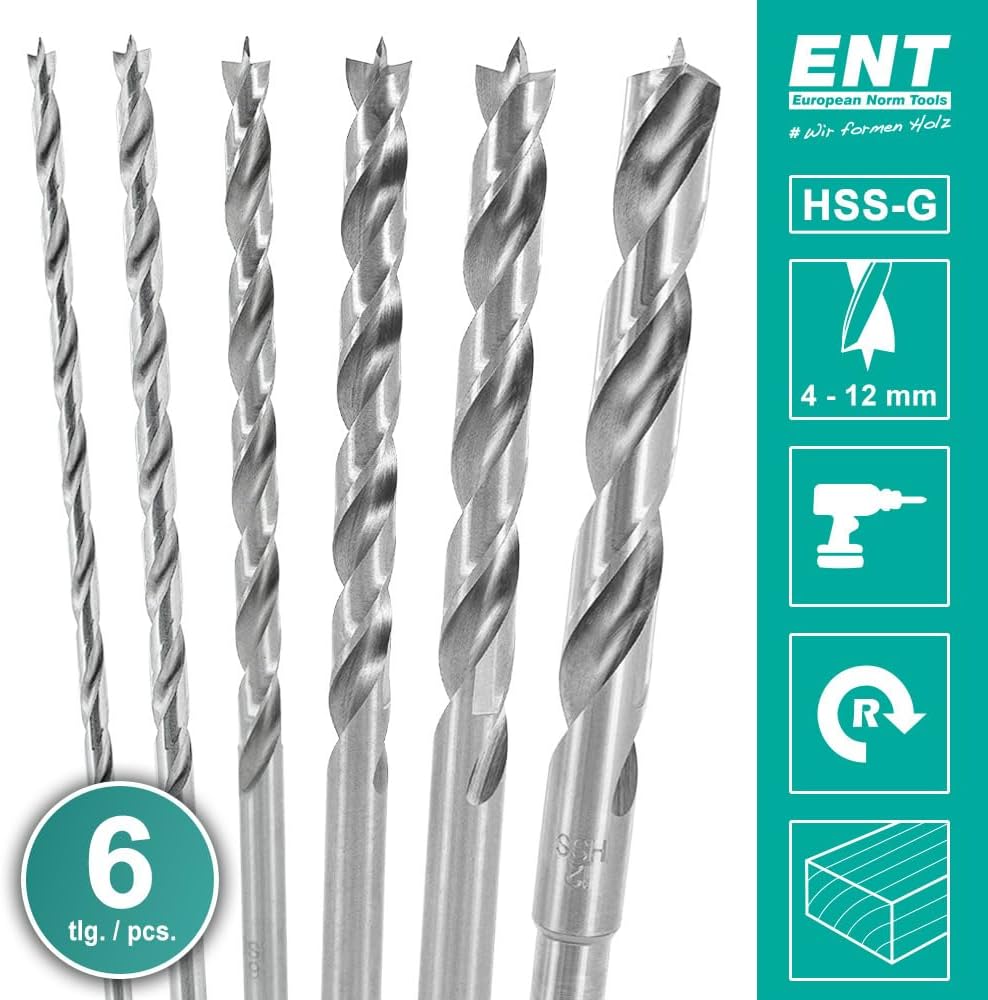 ENT 09256 6-tlg. Holzbohrer-Set HSS-G, Ø 4-12 mm, Nutzlänge 100 mm, Gesamtlänge 150 mm 6-tlg. Set Ø