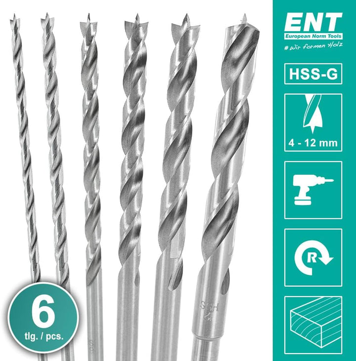 ENT 09256 6-tlg. Holzbohrer-Set HSS-G, Ø 4-12 mm, Nutzlänge 100 mm, Gesamtlänge 150 mm 6-tlg. Set Ø