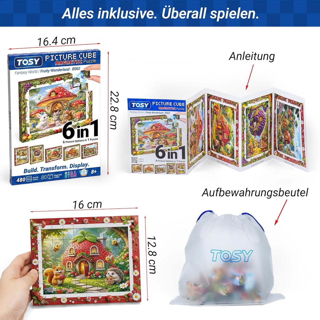 TOSY Picture Cube Fruity Wonderland: 6-in-1 magnetisches Bilderpuzzle, 80 Blöcke, 488 Flächen/Magnet