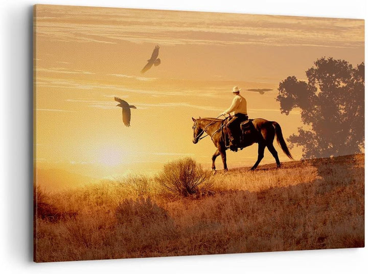 Bilder auf Leinwand 100x70cm Leinwandbild Pferd Cowboy Bauernhof Reiten Gross Wanddeko Bild Schlafzi