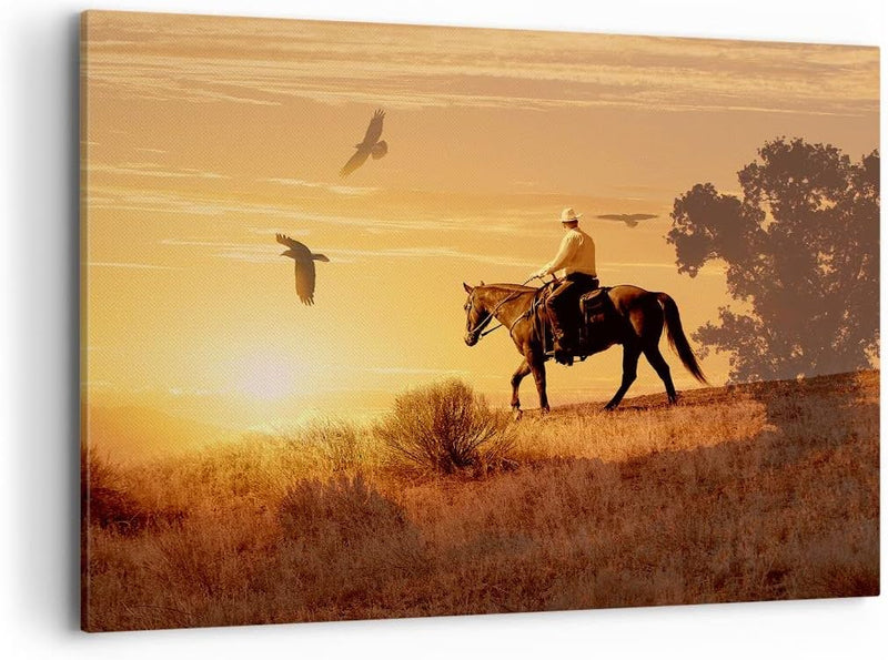 Bilder auf Leinwand 100x70cm Leinwandbild Pferd Cowboy Bauernhof Reiten Gross Wanddeko Bild Schlafzi