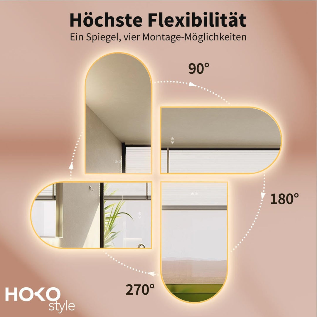 HOKO LED Badspiegel Bogen Beschlagfrei 60x100 cm / 100x60 cm Hayward mit Goldener Metallrahmen, HOCH