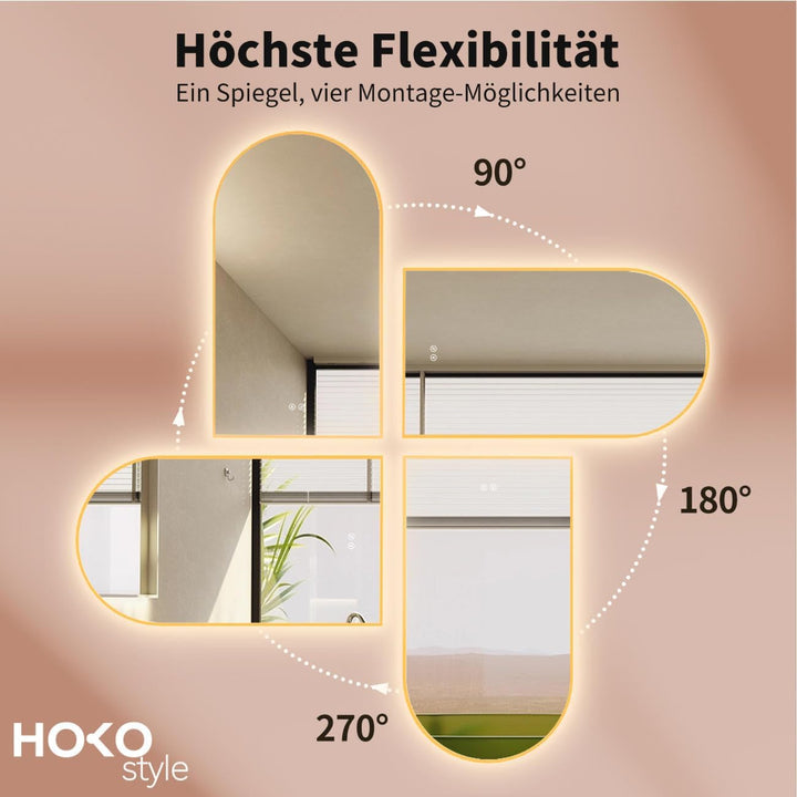 HOKO LED Badspiegel Bogen Beschlagfrei 60x100 cm / 100x60 cm Hayward mit Goldener Metallrahmen, HOCH