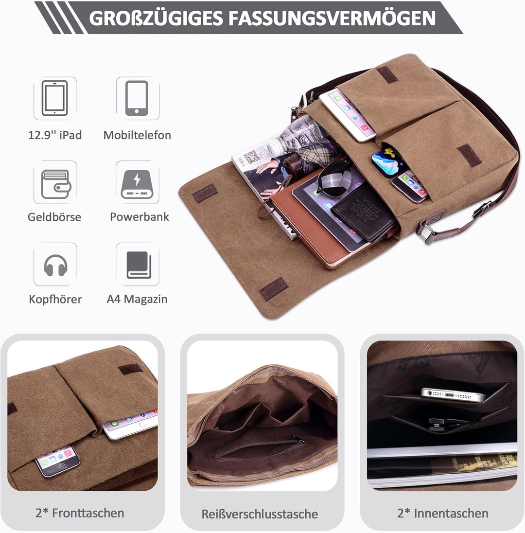 DORRISO Mode Umhängetasche Herren Schultertasche Canvas Schultertaschen für 14 Zoll Laptop Kuriertas
