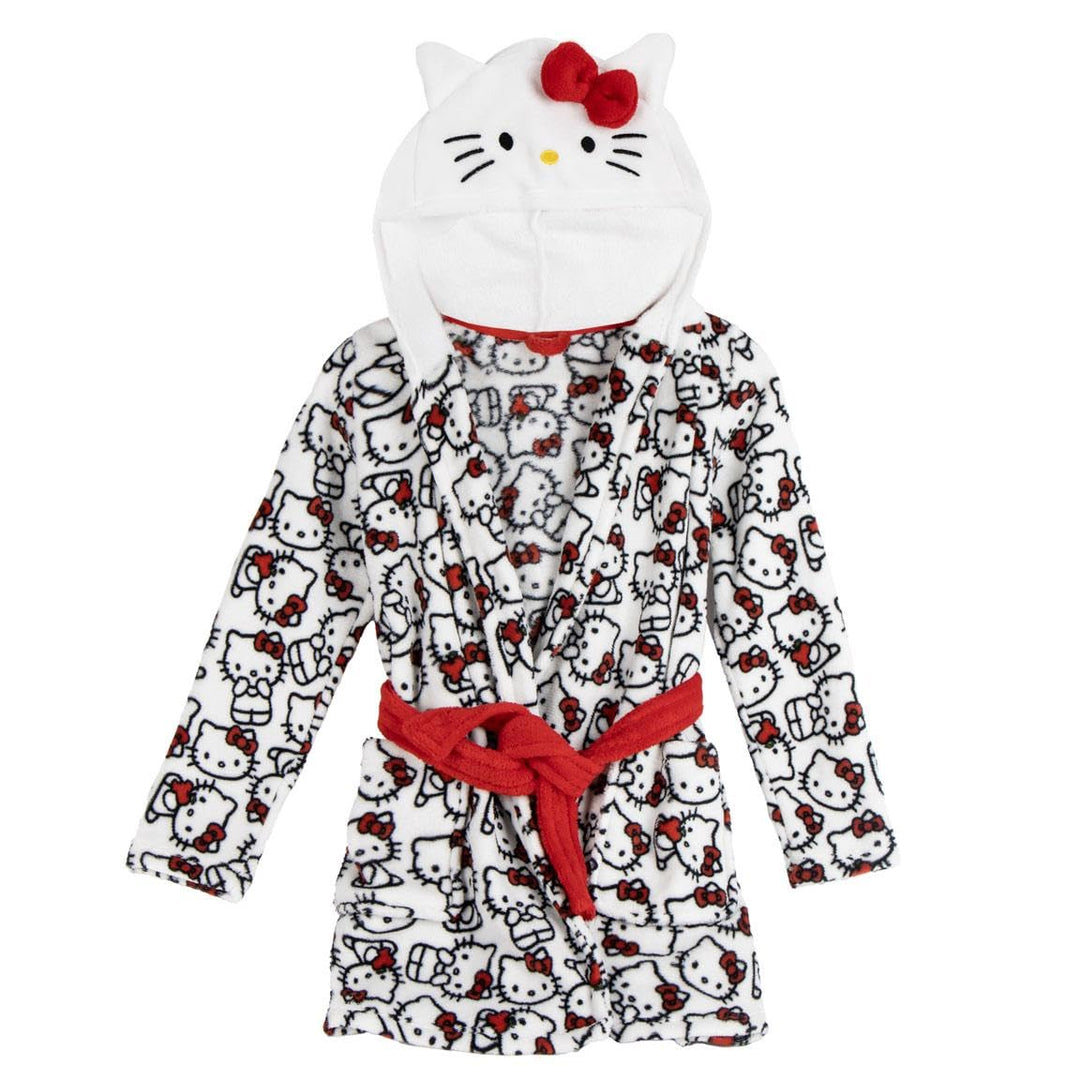 Hello Kitty Mädchen Kinder Bademantel mit Kapuze – Flauschiger Morgenmantel mit niedlichem Katzen-De