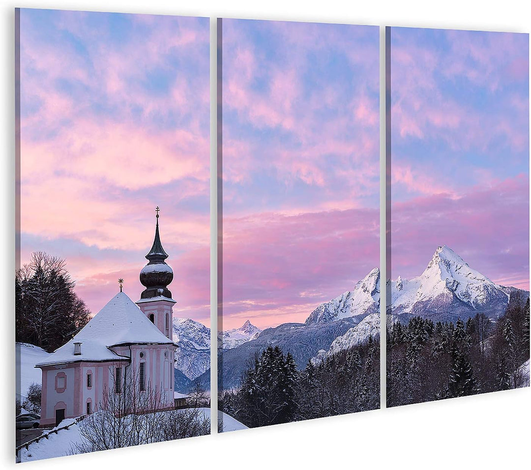 islandburner Bild auf Leinwand Watzmann Sonnenuntergang Kirche Bayern Berchtesgaden Deutschland Alpe