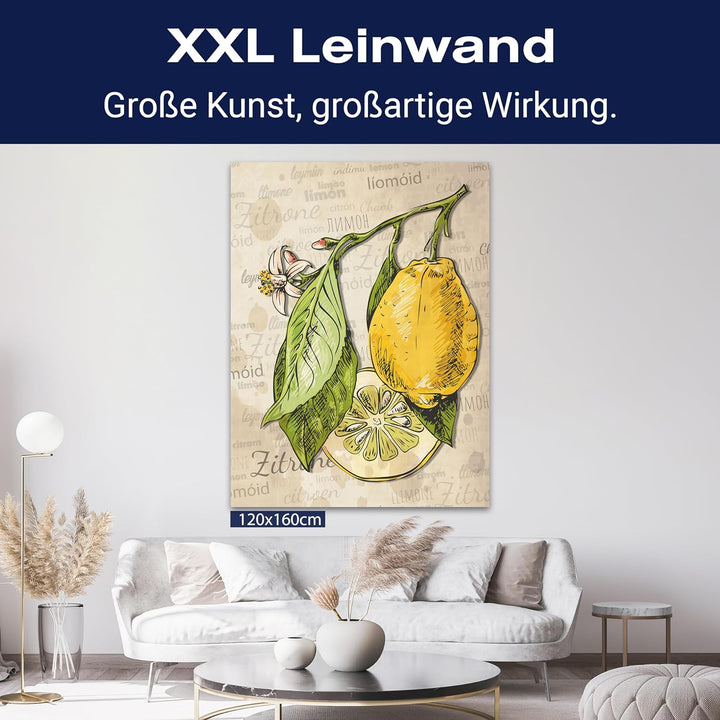 wandmotiv24 Obst & Gemüse als Leinwandbild, 40x30cm, Hochformat, Zitrone, Zeichnung, Küche, Lebensmi