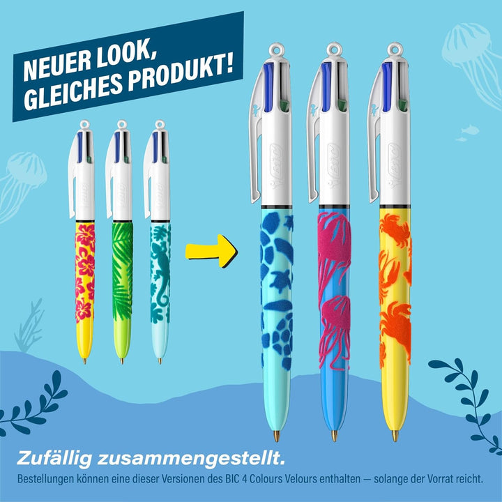 BIC 4 Farben Kugelschreiber Set 4 Colours Velours, in Meeresmotiven, 6er Pack, Ideal für das Büro, d