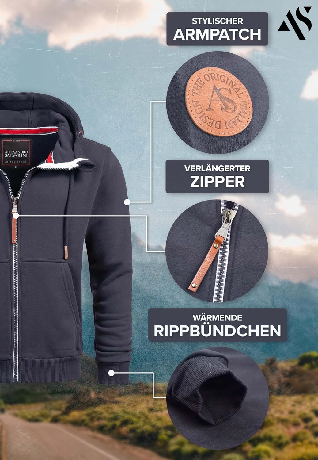 ALESSANDRO SALVARINI Herren Sweatjacke (S-3XL) mit Kapuze - Leicht, Atmungsaktiv, Kapuzenpullover mi