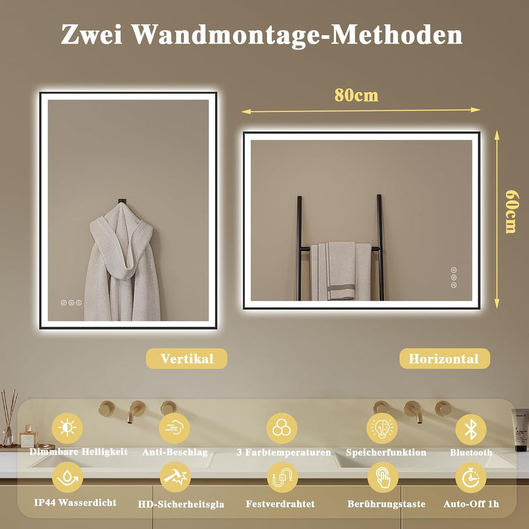 Badspiegel-mit-Beleuchtung 80x60 - LED Badezimmerspiegel mit Bluetooth - Badezimmer Spiegel mit Bele