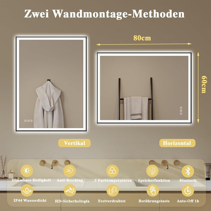 Badspiegel-mit-Beleuchtung 80x60 - LED Badezimmerspiegel mit Bluetooth - Badezimmer Spiegel mit Bele