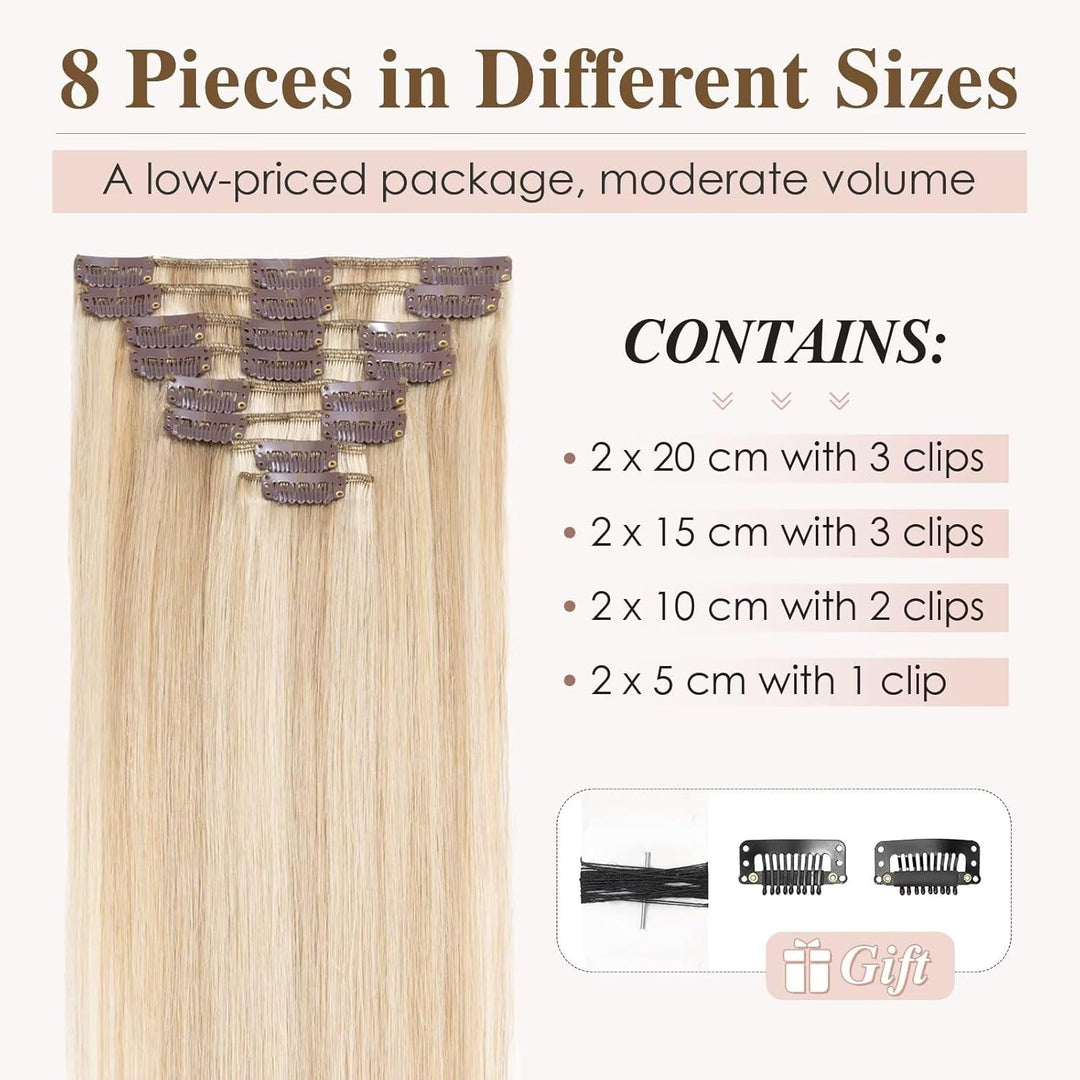 TESS Clip in Extensions Echthaar Blond, Echthaar Extensions Clip 8pcs 25 cm (50 g) Hair Extensions C