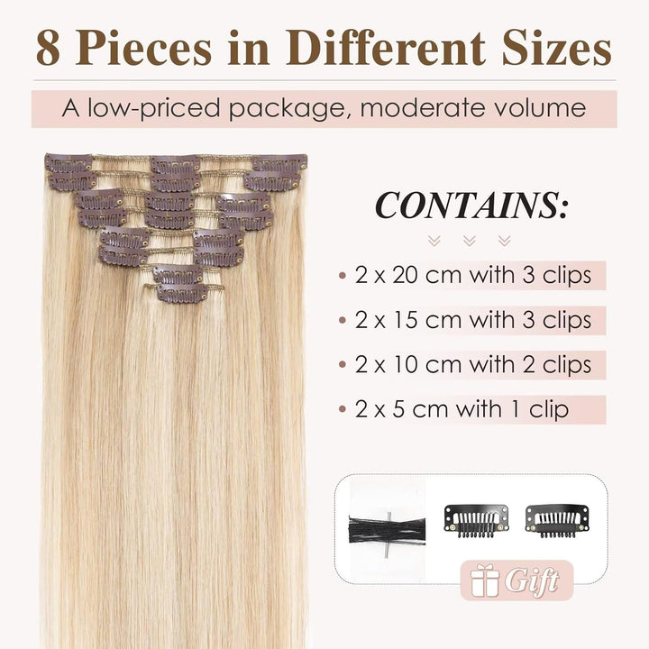 TESS Clip in Extensions Echthaar Blond, Echthaar Extensions Clip 8pcs 25 cm (50 g) Hair Extensions C