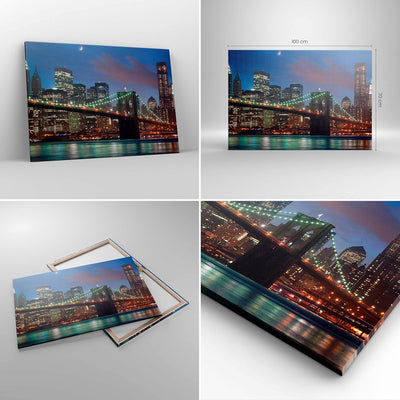 Bilder auf Leinwand 100x70cm Leinwandbild Brooklyn brücke nacht new york city Gross Wanddeko Bild Sc