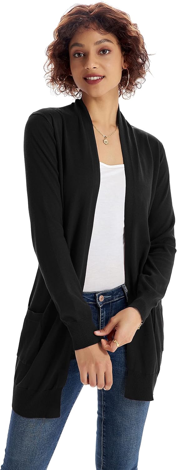GRACE KARIN Damen Langarm Offene Strickjacke Lang Strickmantel Casual High Stretchy Cardigan mit Tas