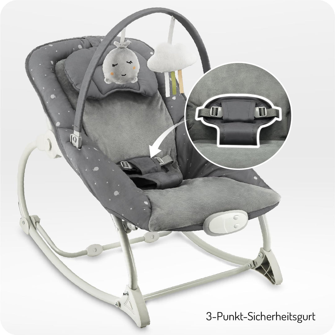 MoMi Babywippe LAPIS für Babys bis 12 kg, Batteriebetrieb, 3-Punkt-Sicherheitsgurt, Bügel und 2 Spie
